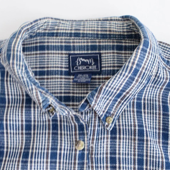 Vintage Cherokee Blue White Brown Checker Thick 100% Cotton Button Up Shirt - Picture 12 of 13